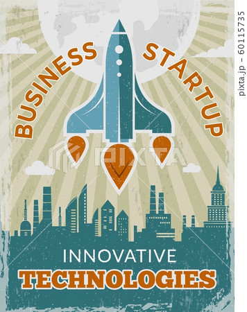 Rocket retro poster. Business startup concept with shuttle or spaceship vintage creative space 40s vector placard 60115735