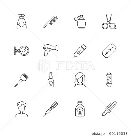 Haircut icon. Beauty salon hairstyle steaming and washing cutting tools scissors comb hairdryer vector thin simple pictures 60116053