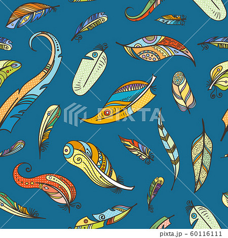 Vector boho doodle feathers pattern or background illustration Vector boho doodle feathers pattern or background illustration 60116111