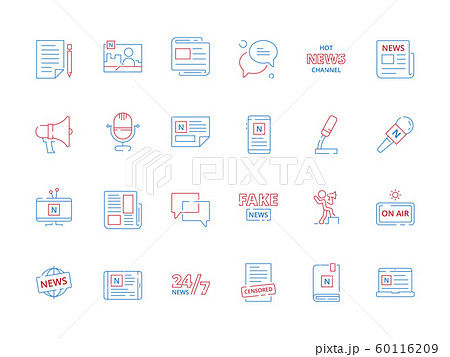 Colored news icons. Paper magazine newspaper online articles media announce source vector symbols 60116209