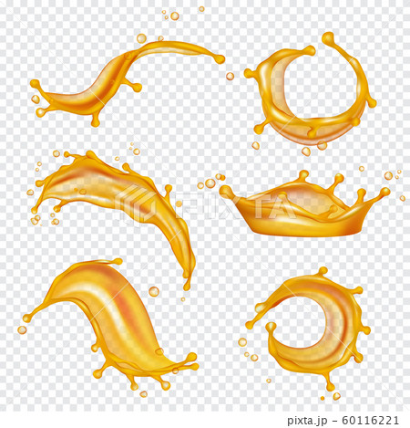 Oil yellow splashes. Golden liquids and drops vector realistic template 60116221