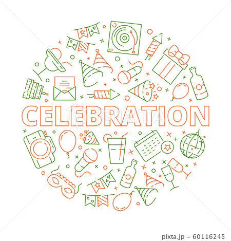 Party icon. Event birthday celebration symbols in circle shape fireworks balloons cakes stars vector template Party icon. Event birthday celebration symbols in circle shape fireworks balloons cakes stars vector template 60116245