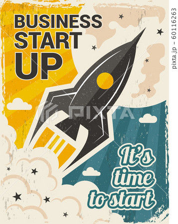 Vintage startup poster. Business launch concept with rocket or space shuttle start vector placard in retro style 60116263