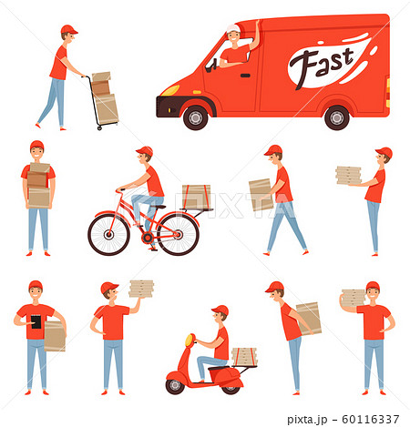 Pizza delivery characters. Van and motorcycle or moped for delivery man fast business service restaurant transport vector pictures 60116337