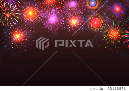 Fireworks background. Colorful explosion with light burst effect on dark background with place for text. Vector party celebration poster 60116871