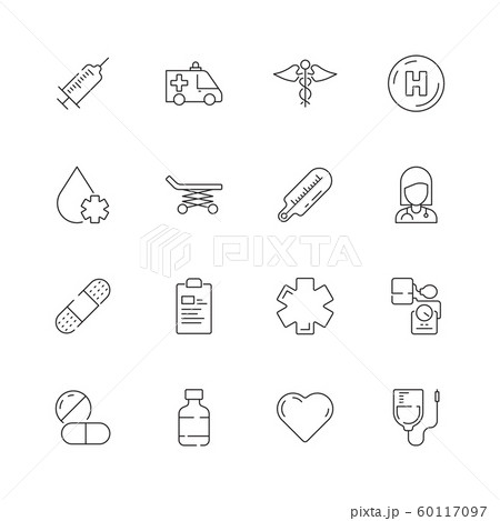 Medical icon. Urgency healthcare emergency capsule drugs pills vector thin line symbols 60117097