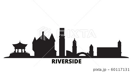 United States, Riverside city skyline isolated vector illustration. United States, Riverside travel black cityscape United States, Riverside city skyline isolated vector illustration. United States, Riverside travel black cityscape 60117131