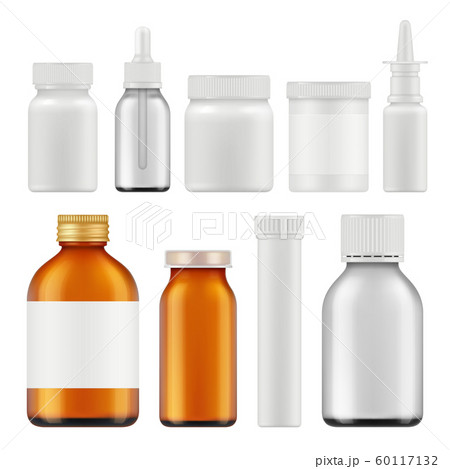 Pharmaceutical white bottles. Blank medicament supplement box or packages realistic white empty vector containers Pharmaceutical white bottles. Blank medicament supplement box or packages realistic white empty vector containers 60117132