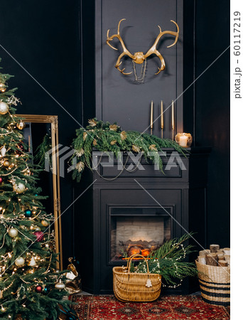 fireplace Christmas tree deer horns Golden black fireplace Christmas tree deer horns Golden black 60117219