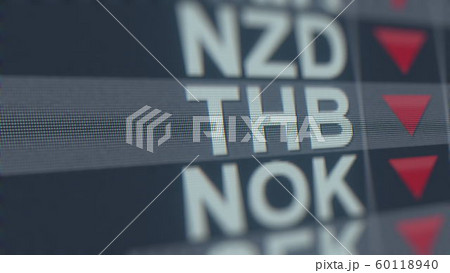 Decreasing Thai Baht exchange rate indicator on computer screen. THB forex ticker 3D rendering 60118940