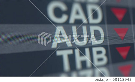 Decreasing Australian dollar exchange rate indicator on computer screen. AUD forex ticker 3D rendering 60118942