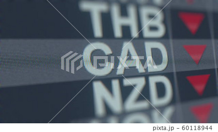 Decreasing Canadian Dollar exchange rate indicator on computer screen. CAD forex ticker 3D rendering 60118944