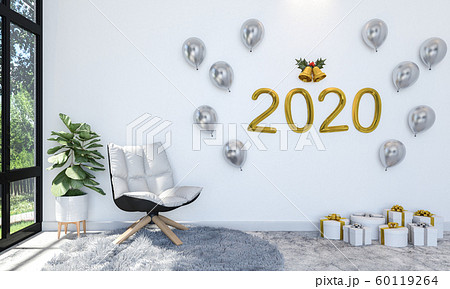 Interior of Living Room Decorating with Golden and Silver Balloon on Wall and Gift Boxes to Celebrate New Year 2020, 3D Rendering 60119264