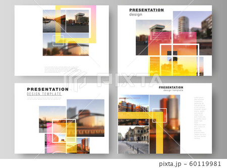 The minimalistic abstract vector illustration of the editable layout of the presentation slides design business templates. Creative trendy style mockups, blue color trendy design backgrounds. 60119981