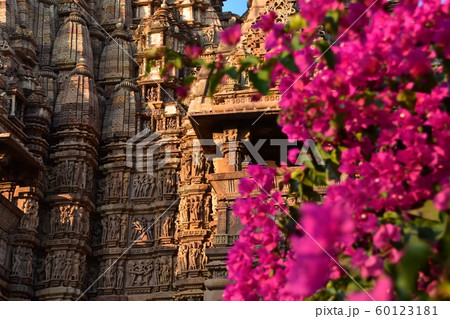 インドのカジュラーホー 世界遺産のカジュラーホー寺院 美しい彫刻と赤い花 インドのカジュラーホー 世界遺産のカジュラーホー寺院 美しい彫刻と赤い花 60123181