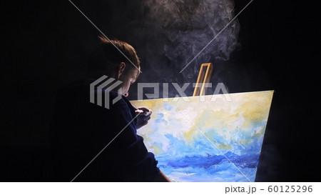 Artist copyist paint seascape with ship in ocean. Vaper smoke vape e-cigarette. Craftsman decorator draw as boat sail on blue sea with acrylic color. Artist copyist paint seascape with ship in ocean. Vaper smoke vape e-cigarette. Craftsman decorator draw as boat sail on blue sea with acrylic color. 60125296