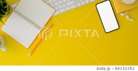 Top view of trendy workspace with mock up Top view of trendy workspace with mock up 60132261