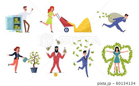 Rich people. Wealthy woman and millionaire man bathing in money, happy businessman magnate cash banknote dollar cartoon vector set Rich people. Wealthy woman and millionaire man bathing in money, happy businessman magnate cash banknote dollar cartoon vector set 60134134