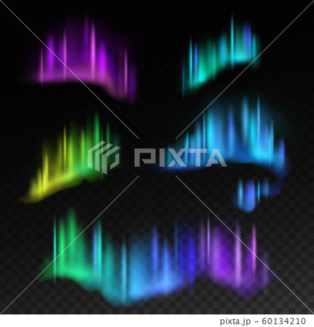 Northern lights. Isolated aurora borealis, bright stripes in night sky vector set 60134210