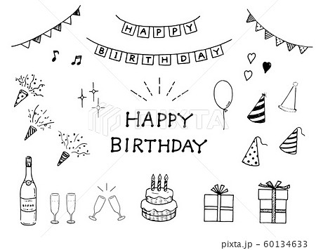 Happy Birthday Pen Drawing Line Art Icon Set Stock Illustration