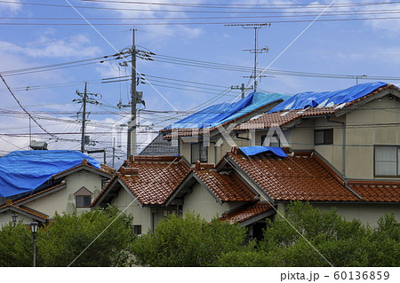 災害イメージ_屋根にブルーシートが掛かった被害住宅 災害イメージ_屋根にブルーシートが掛かった被害住宅 60136859