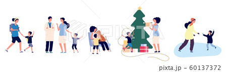 Single mom. Mother with son vector illustration. Family activity concept. Mom and kid skate, decorate the Christmas tree, walk Single mom. Mother with son vector illustration. Family activity concept. Mom and kid skate, decorate the Christmas tree, walk 60137372