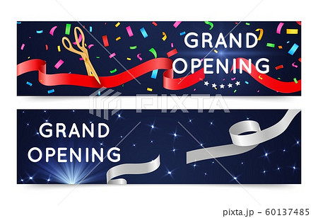 Grand open banners. Opening ceremony ribbons. Vector cutting silk ribbon and confetti background 60137485