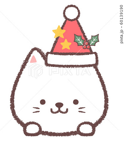 白ネコ12月クリスマス帽子と星とヒイラギ 60139190