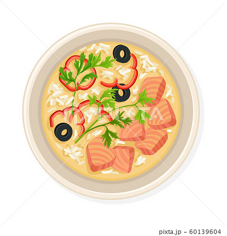 Soup With Salmon Slices and Vegetables Served on Plate 60139604