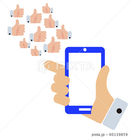 Flat illustration of a hand with a mobile phone from which exit signs and icons of approval 60139859