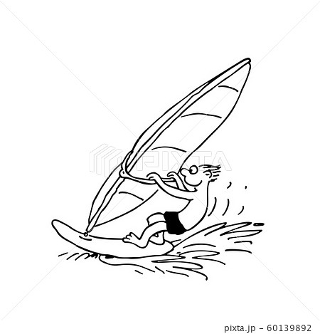 Boy Playing Windsurfing Outlined Cartoon のイラスト素材