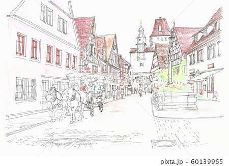 ヨーロッパの街並み ドイツ ローテンブルグの観光馬車のイラスト素材