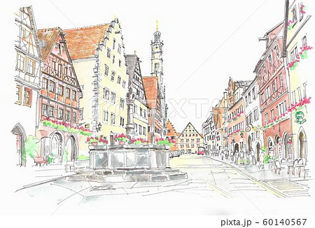 ヨーロッパの街並み ドイツ ローテンブルグのイラスト素材