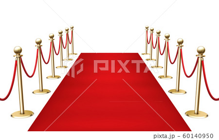 Red carpet with golden barrier fencing realistic 3d vector illustration on white background. 60140950