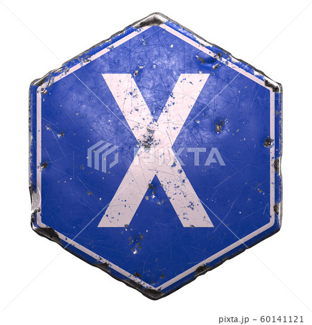Public road sign in blue color with a capitol white letter X in the center isolated white background. 3d 60141121