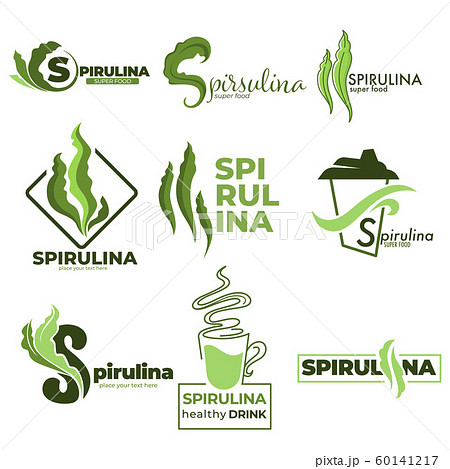 Superfood or detox nutrition, spirulina algae isolated icons 60141217