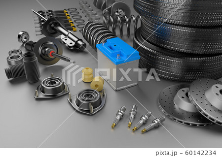 Auto parts spare parts car on the grey background. 3D rendering Auto parts spare parts car on the grey background. 3D rendering 60142234