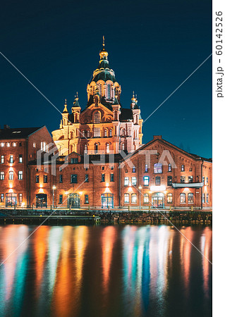Helsinki, Finland. View Of Kanavaranta Street With Uspenski Cathedral In Evening Night Illuminations Helsinki, Finland. View Of Kanavaranta Street With Uspenski Cathedral In Evening Night Illuminations 60142526