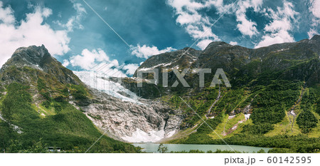 Jostedalsbreen National Park, Sogn Og Fjordane County, Norway. Boyabreen Glacier Landscape In Spring Sunny Day. Famous Norwegian Landmark And Popular Destination. Panorama, Panoramic View 60142595