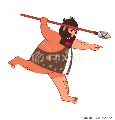 Caveman hunting and making fire, primitive man with weapon 60142772