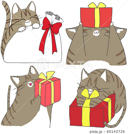 ネコとプレゼント キジトラ猫 笑顔 のイラスト素材