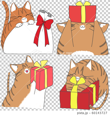 ネコとプレゼント 茶トラ猫 笑顔 のイラスト素材