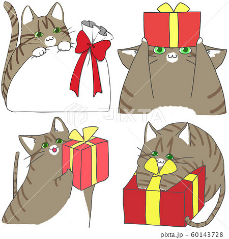 ネコとプレゼント キジトラ猫 のイラスト素材