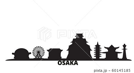 Japan, Osaka city skyline isolated vector illustration. Japan, Osaka travel black cityscape Japan, Osaka city skyline isolated vector illustration. Japan, Osaka travel black cityscape 60145185