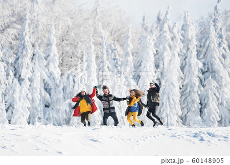 A group of young friends on a walk outdoors in snow in winter forest. 60148905