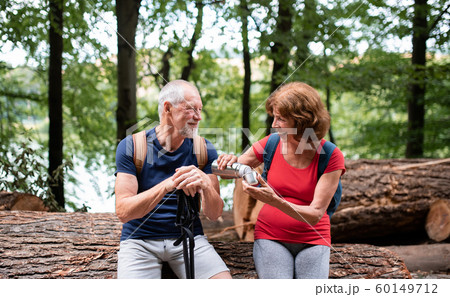 Senior tourist couple with flask on a walk in forest in nature, sitting. 60149712