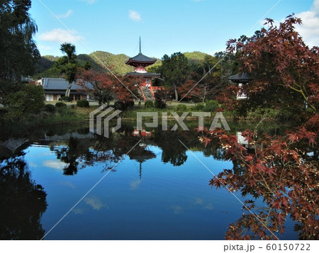 紅葉の時期の大覚寺法生池と二重の心経宝塔 60150722