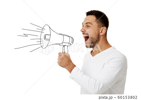 man holding megaphone and shouting 60153802