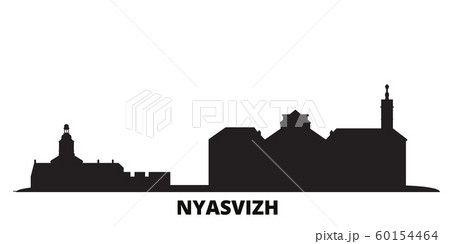 Belarus, Nyasvizh city skyline isolated vector illustration. Belarus, Nyasvizh travel black cityscape 60154464