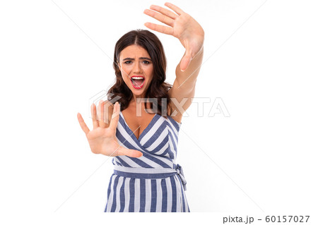 Beautiful caucasian woman show stop, picture isolated on white background 60157027
